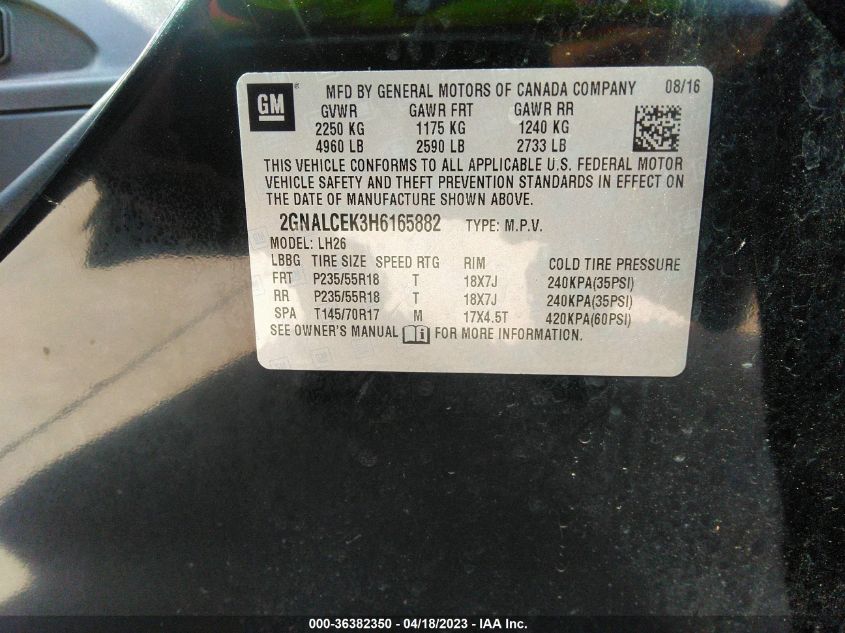 2017 CHEVROLET EQUINOX LT - 2GNALCEK3H6165882