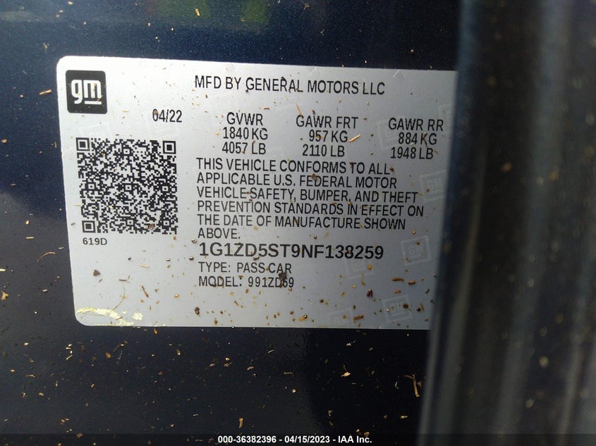 VIN 1G1ZD5ST9NF138259 2022 CHEVROLET MALIBU LT
