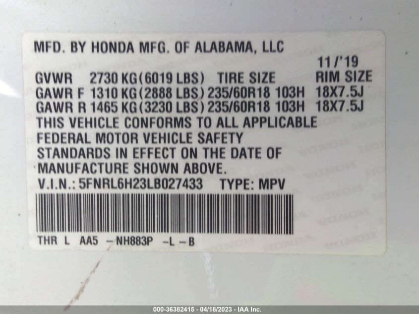 2020 HONDA ODYSSEY LX - 5FNRL6H23LB027433