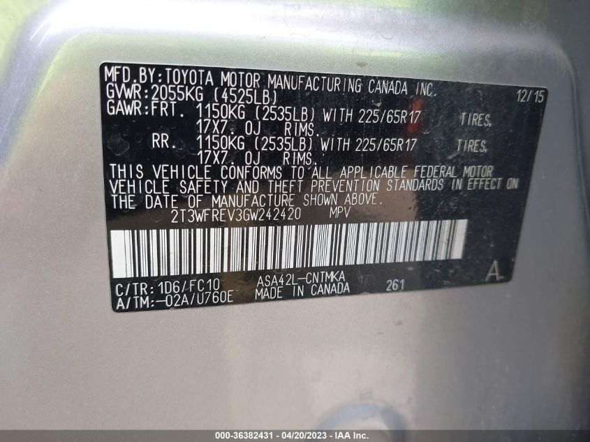 2016 TOYOTA RAV4 XLE - 2T3WFREV3GW242420