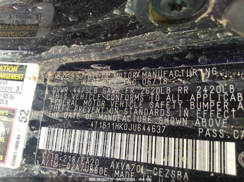 2018 TOYOTA CAMRY SE - 4T1B11HK0JU644637