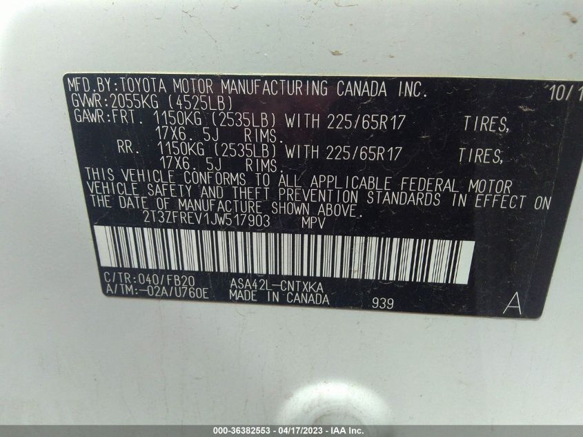 2018 TOYOTA RAV4 LE - 2T3ZFREV1JW517903