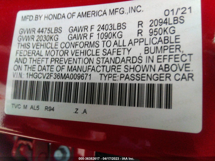 VIN 1HGCV2F36MA009671 2021 HONDA ACCORD SEDAN SPORT
