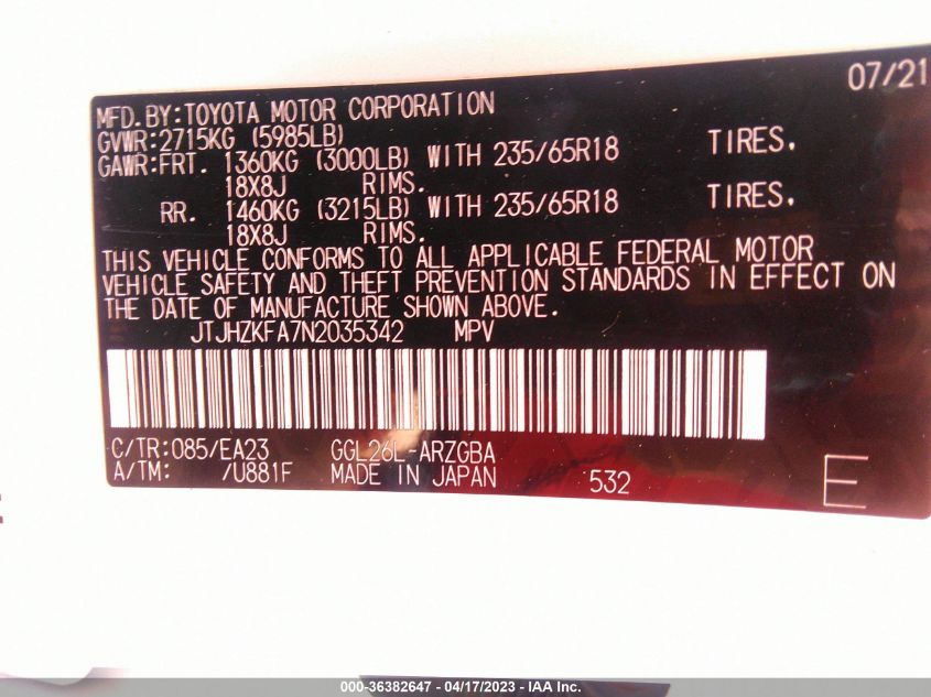 2022 LEXUS RX RX 350L - JTJHZKFA7N2035342