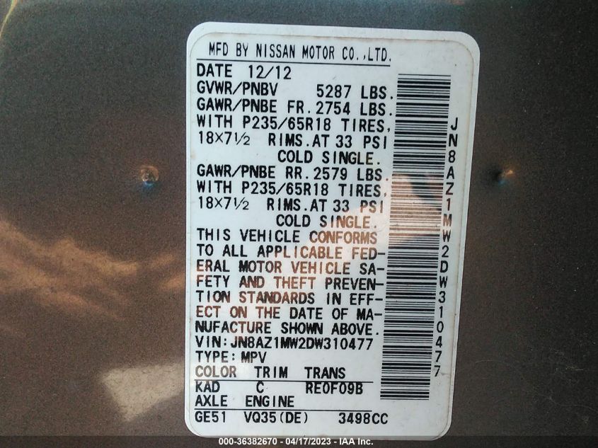 2013 NISSAN MURANO SV - JN8AZ1MW2DW310477