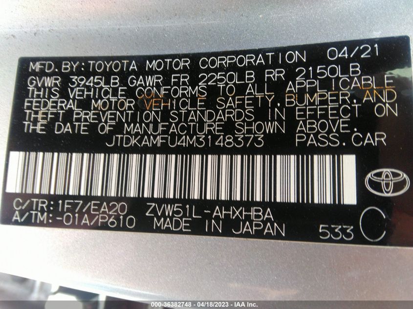 2021 TOYOTA PRIUS L - JTDKAMFU4M3148373