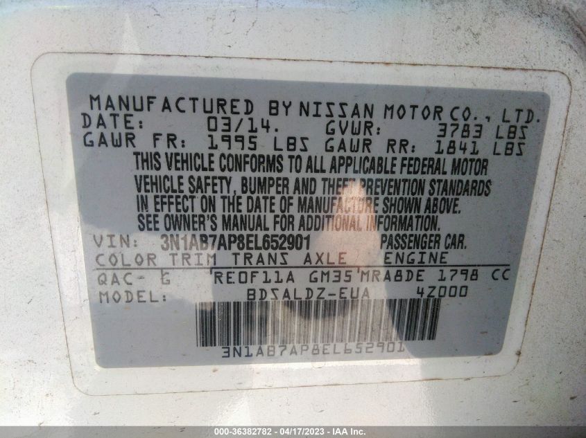 2014 NISSAN SENTRA S/FE+ S/SV/FE+ SV/SR/SL - 3N1AB7AP8EL652901