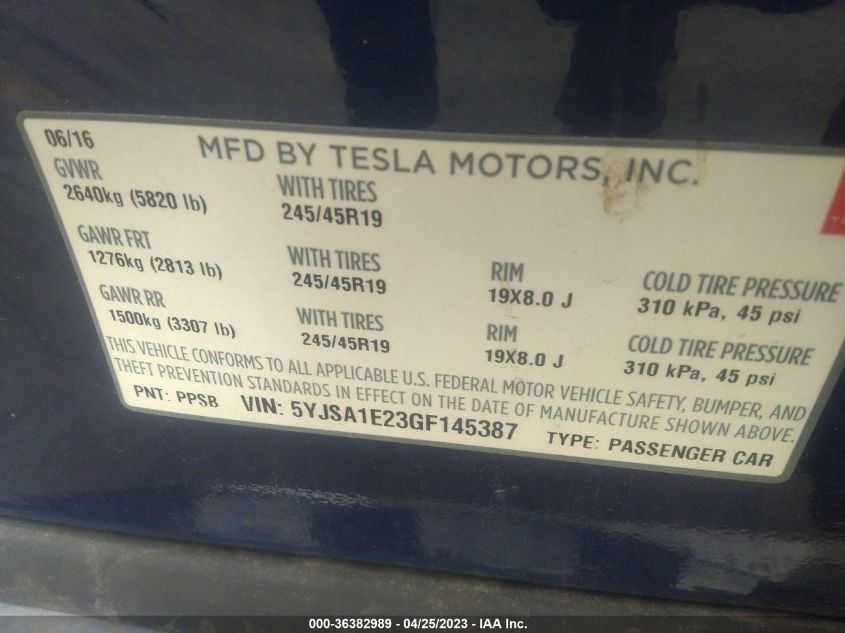 2016 TESLA MODEL S 60D - 5YJSA1E23GF145387