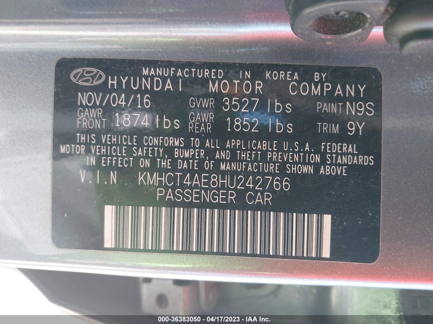 VIN KMHCT4AE8HU242766 2017 HYUNDAI ACCENT SE