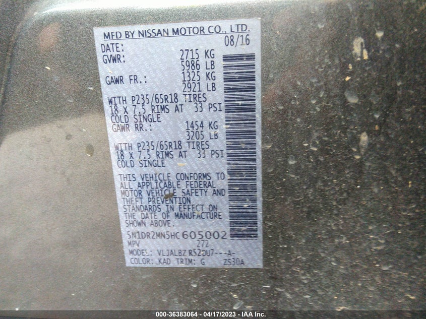 VIN 5N1DR2MN5HC605002 2017 NISSAN PATHFINDER S