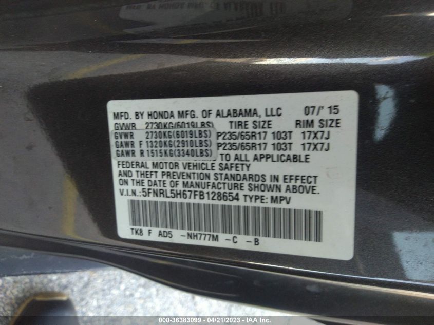 2015 HONDA ODYSSEY EX-L - 5FNRL5H67FB128654