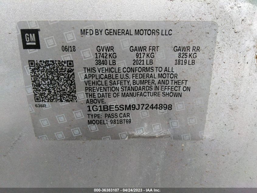 2018 CHEVROLET CRUZE LT - 1G1BE5SM9J7244898
