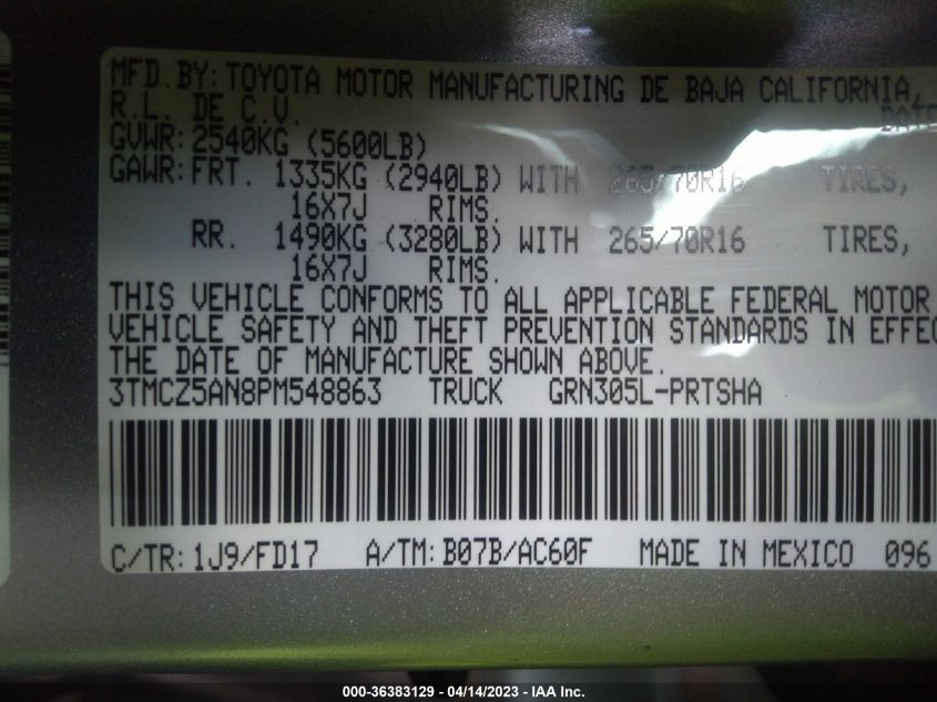 2023 TOYOTA TACOMA 4WD SR/SR5/TRD SPORT - 3TMCZ5AN8PM548863