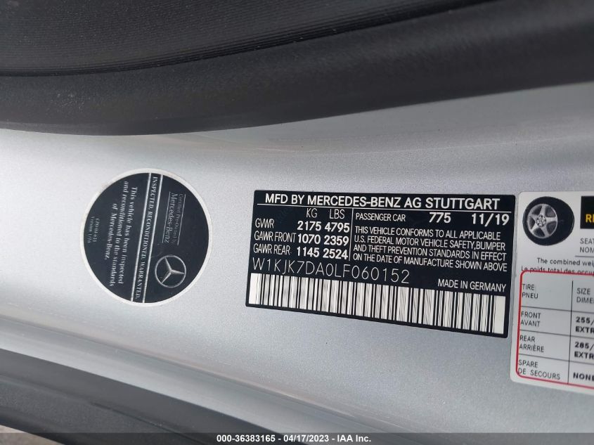 2020 MERCEDES-BENZ SL SL 550 W1KJK7DA0LF060152