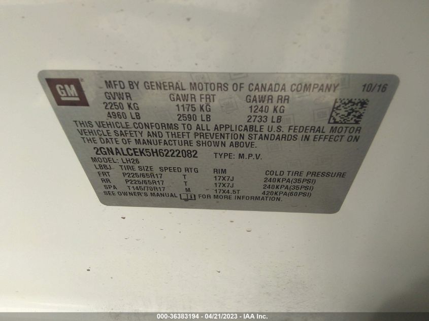 2017 CHEVROLET EQUINOX LT - 2GNALCEK5H6222082