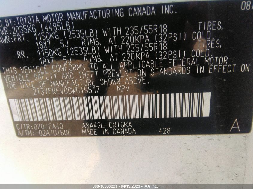 2013 TOYOTA RAV4 LIMITED - 2T3YFREV0DW049517