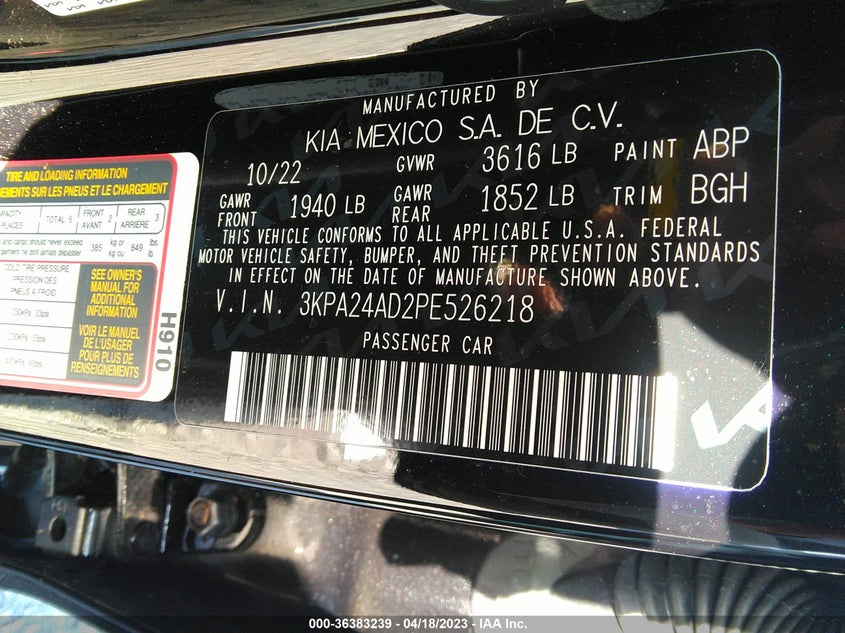 VIN 3KPA24AD2PE526218 2023 KIA RIO S