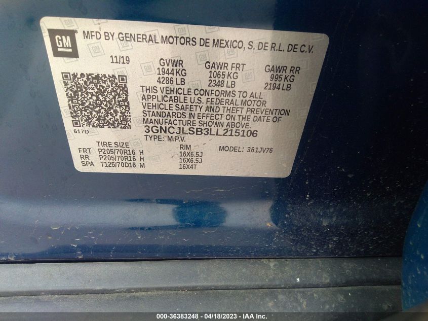 2020 CHEVROLET TRAX LT - 3GNCJLSB3LL215106