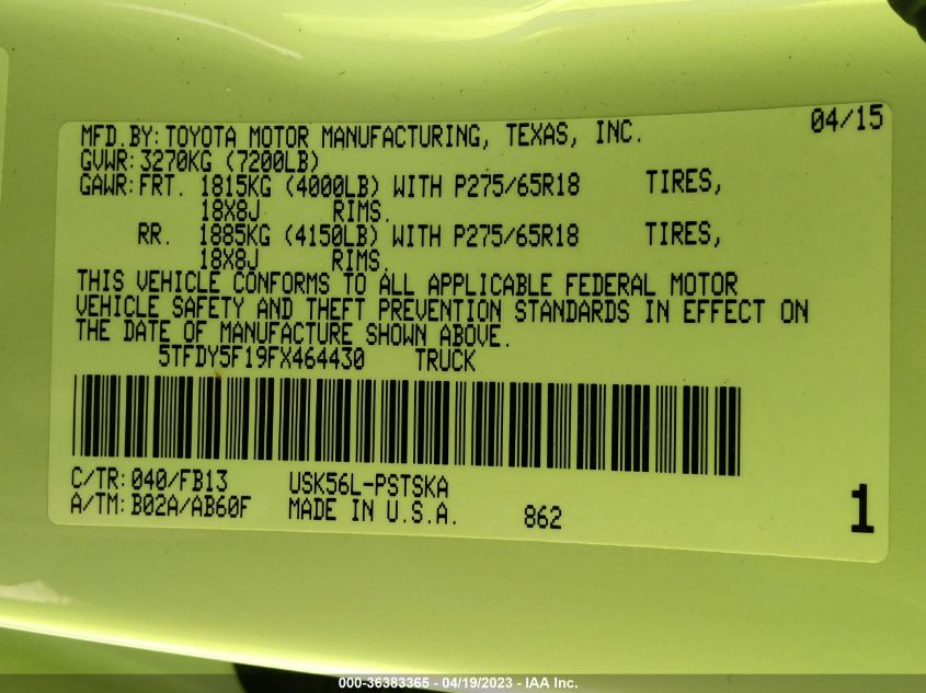2015 TOYOTA TUNDRA SR5 5.7L V8 5TFDY5F19FX464430