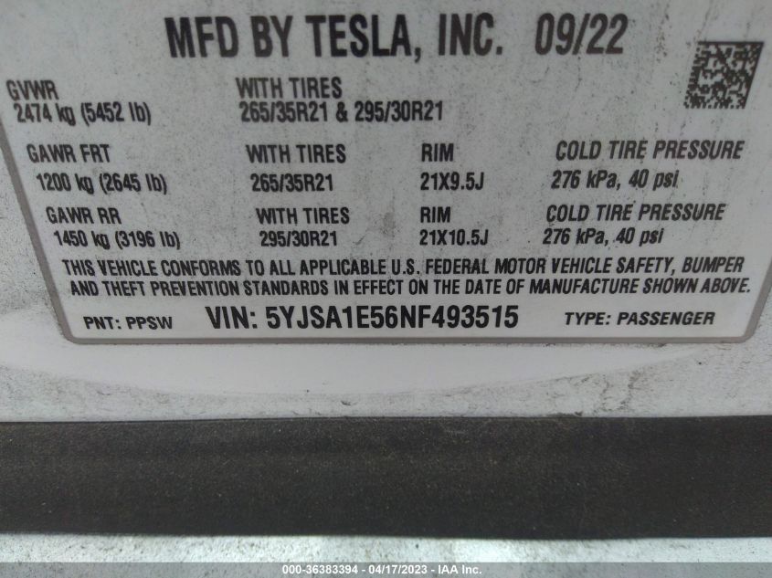 2022 TESLA MODEL S - 5YJSA1E56NF493515