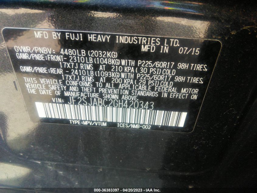 2016 SUBARU FORESTER 2.5I - JF2SJABC2GH420343