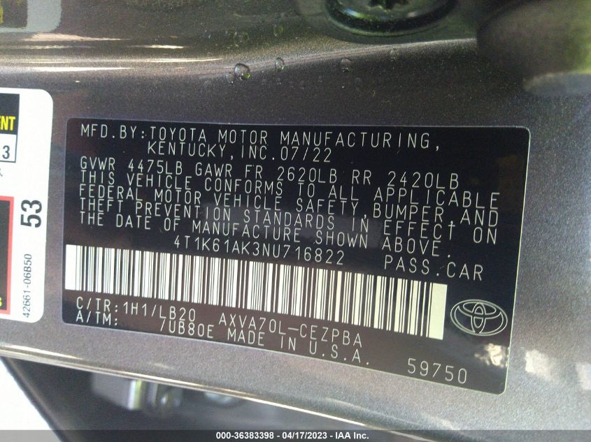 2022 TOYOTA CAMRY XSE - 4T1K61AK3NU716822