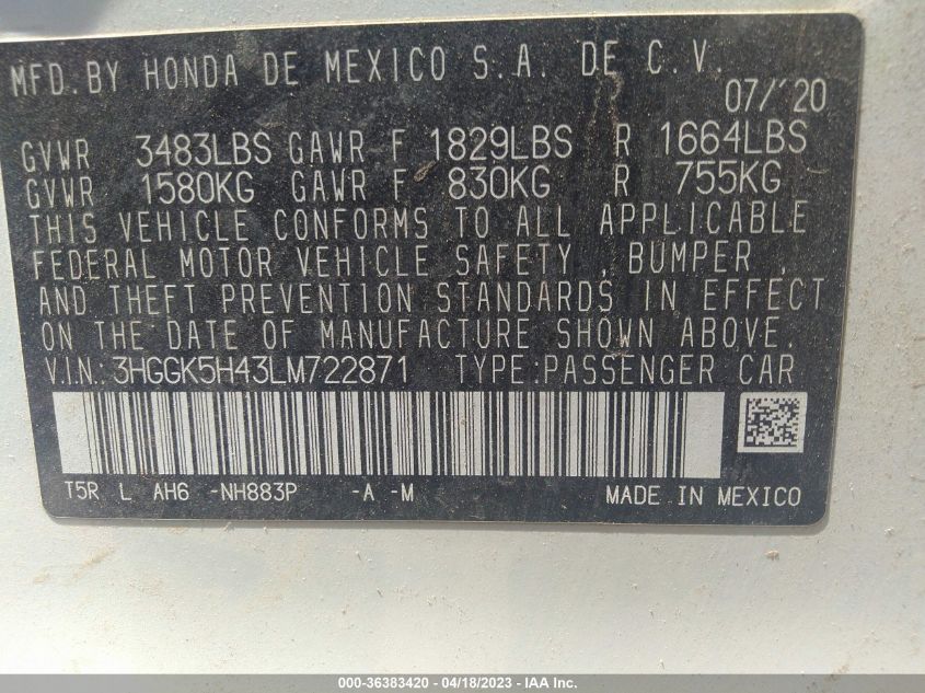 2020 HONDA FIT LX - 3HGGK5H43LM722871