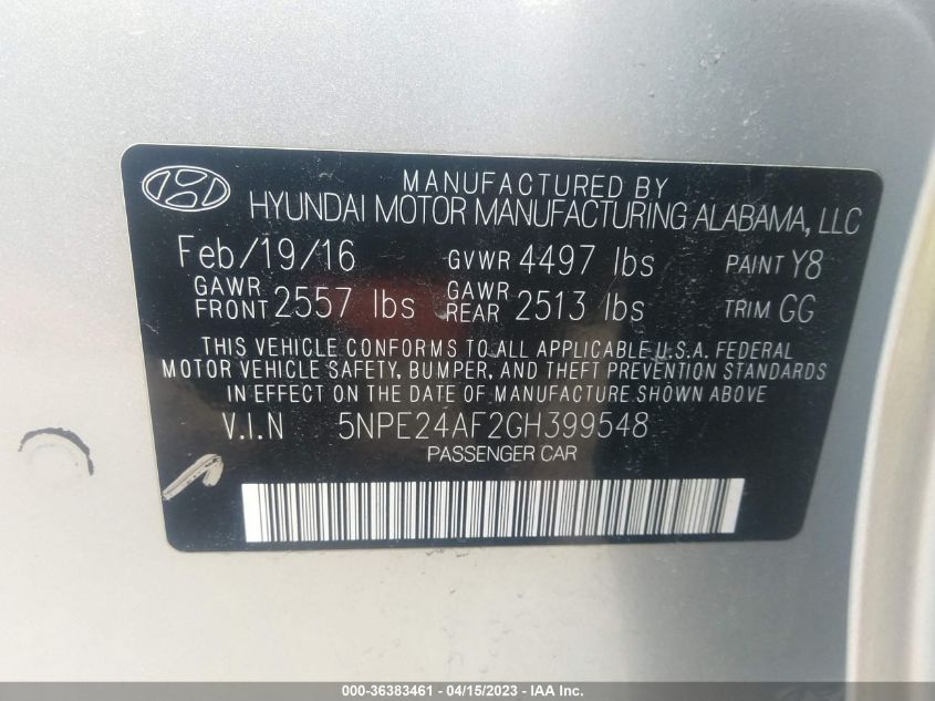 2016 HYUNDAI SONATA 2.4L - 5NPE24AF2GH399548