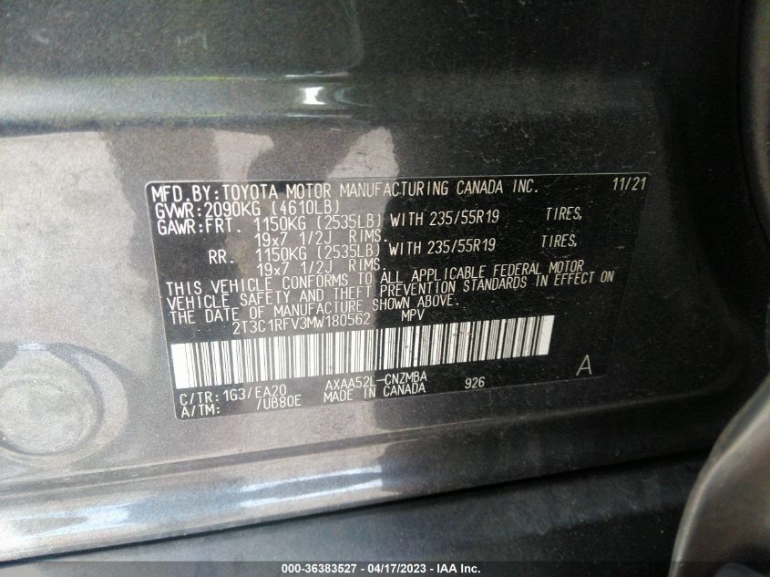 2021 TOYOTA RAV4 XLE PREMIUM - 2T3C1RFV3MW180562