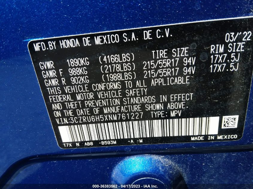 2022 HONDA HR-V EX - 3CZRU6H5XNM761227