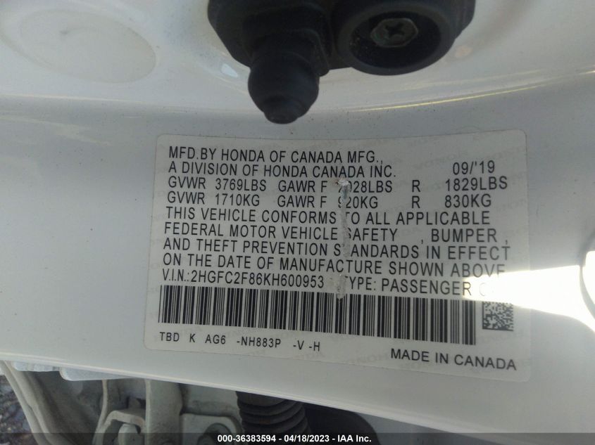 2019 HONDA CIVIC SEDAN SPORT - 2HGFC2F86KH600953