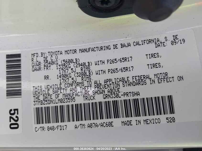 VIN 3TMBZ5DN1LM023595 2020 TOYOTA TACOMA 2WD SR5/TRD SPORT