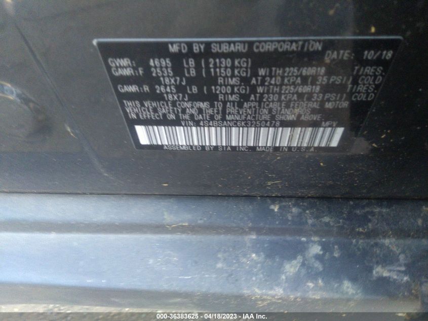 2019 SUBARU OUTBACK LIMITED - 4S4BSANC6K3250478