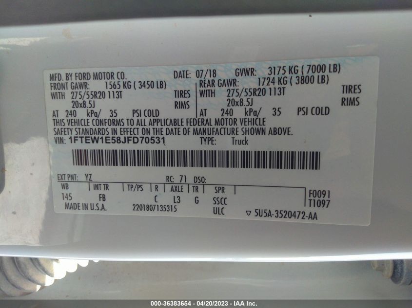 2018 FORD F-150 XL/XLT/LARIAT - 1FTEW1E58JFD70531