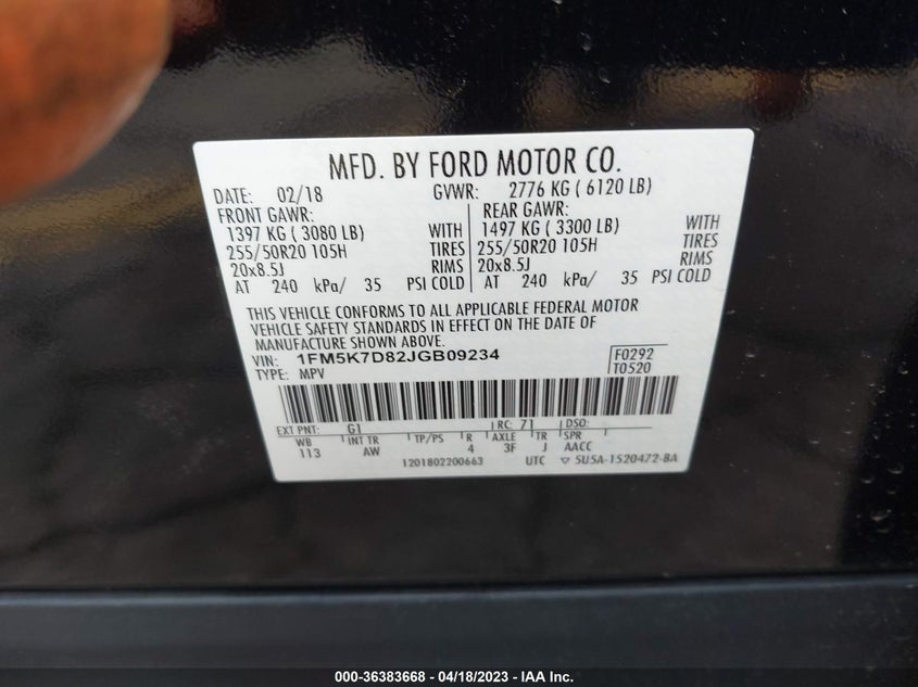 VIN 1FM5K7D82JGB09234 2018 FORD EXPLORER XLT