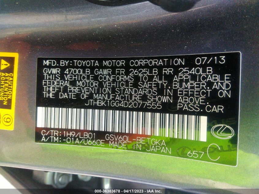 2013 LEXUS ES 350 4DR SDN - JTHBK1GG4D2077555