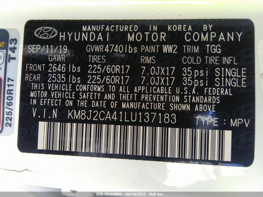 2020 HYUNDAI TUCSON SE - KM8J2CA41LU137183