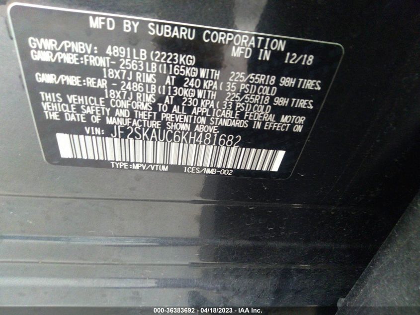 2019 SUBARU FORESTER LIMITED - JF2SKAUC6KH481682