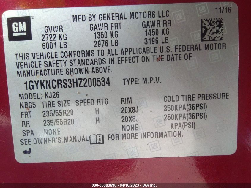 2017 CADILLAC XT5 PREMIUM LUXURY FWD - 1GYKNCRS3HZ200534