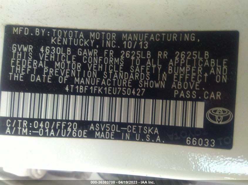 2014 TOYOTA CAMRY L/LE/XLE/SE/SE SPORT - 4T1BF1FK1EU750427