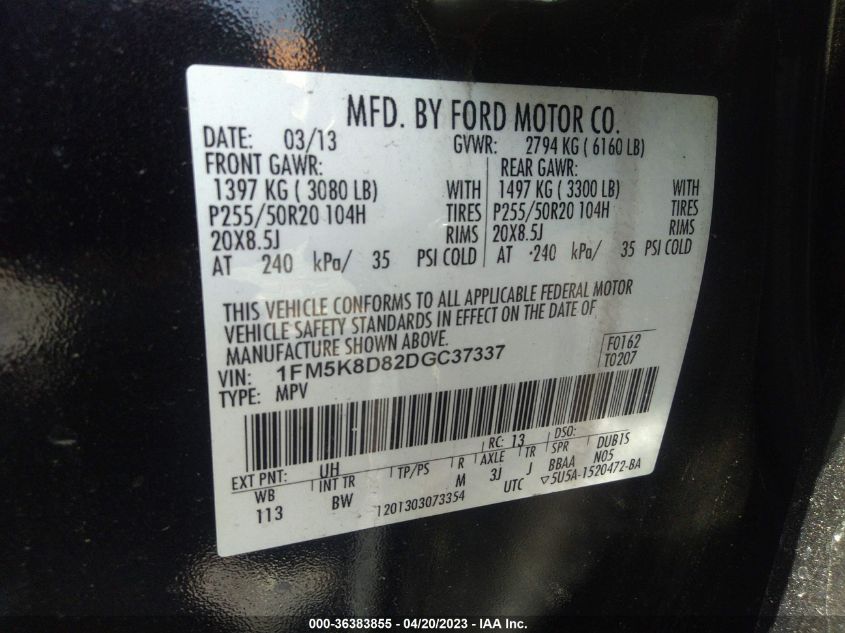 2013 FORD EXPLORER XLT - 1FM5K8D82DGC37337