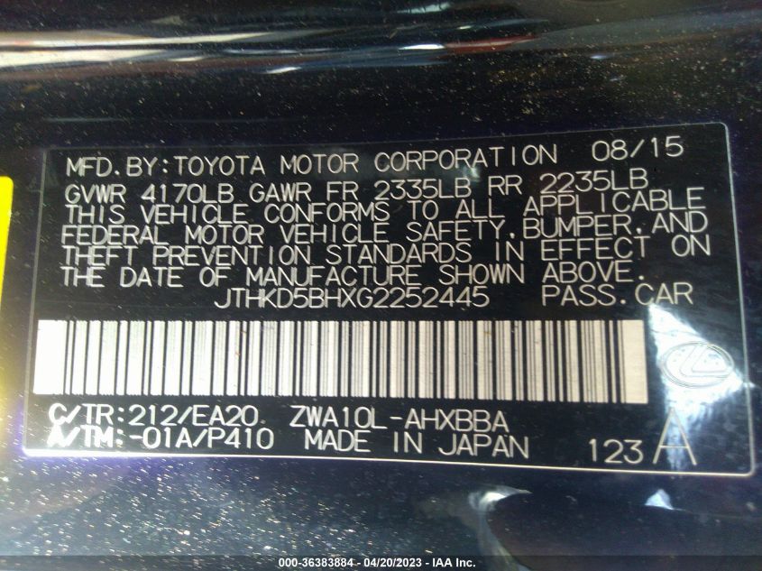 2016 LEXUS CT 200H HYBRID - JTHKD5BHXG2252445