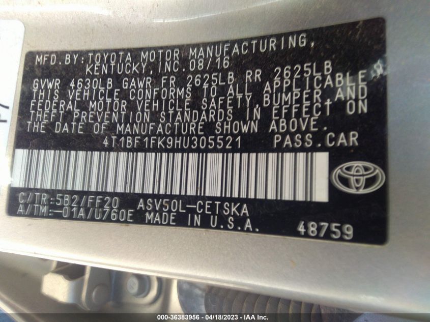 2017 TOYOTA CAMRY SE - 4T1BF1FK9HU305521