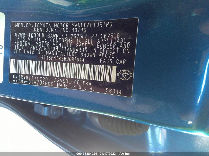 2017 TOYOTA CAMRY XSE - 4T1BF1FK3HU687044