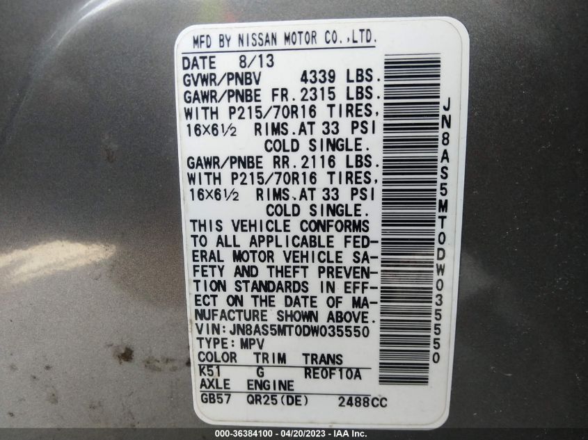 2013 NISSAN ROGUE S - JN8AS5MT0DW035550