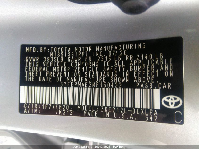 2021 TOYOTA COROLLA LE - 5YFEPMAE2MP150433