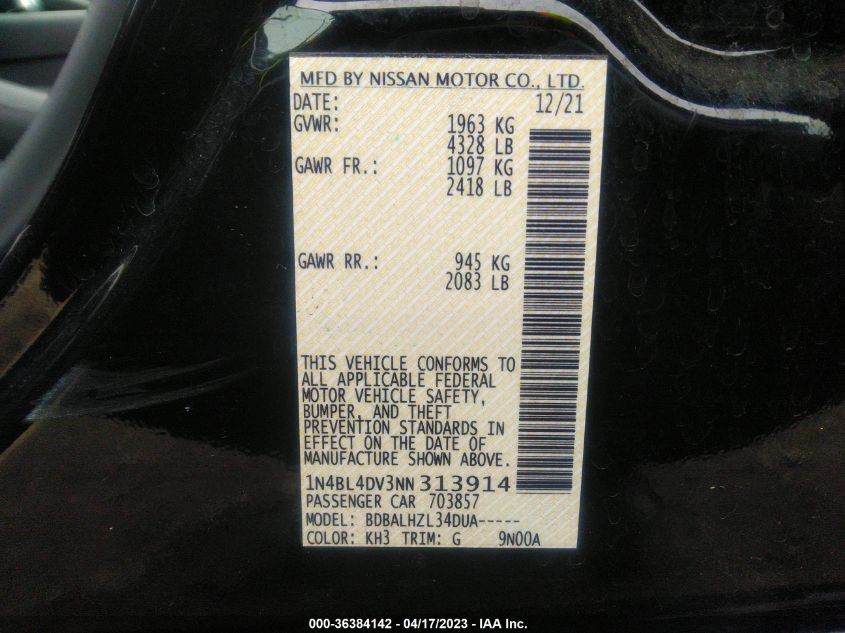 2022 NISSAN ALTIMA 2.5 SV - 1N4BL4DV3NN313914
