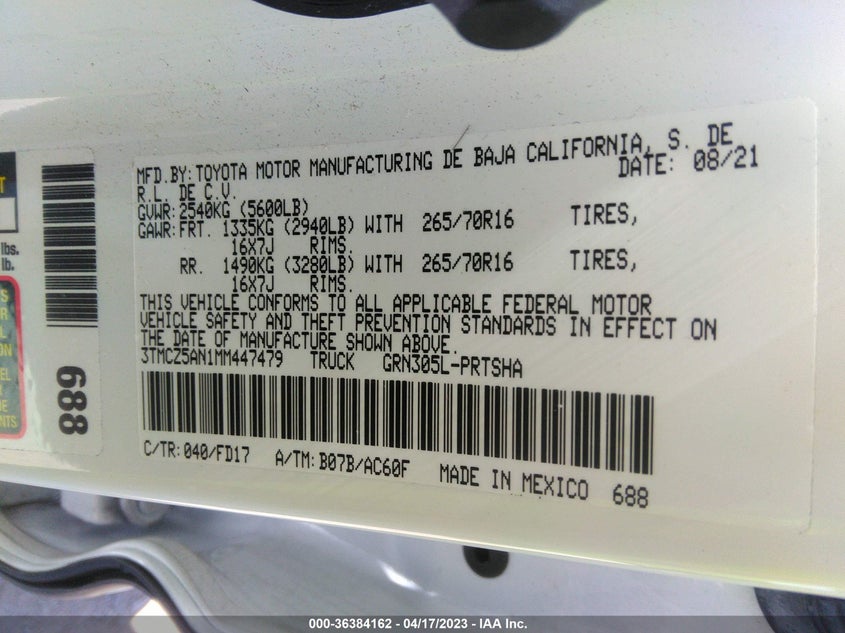 VIN 3TMCZ5AN1MM447479 2021 TOYOTA TACOMA 4WD SR/SR5/TRD SPORT