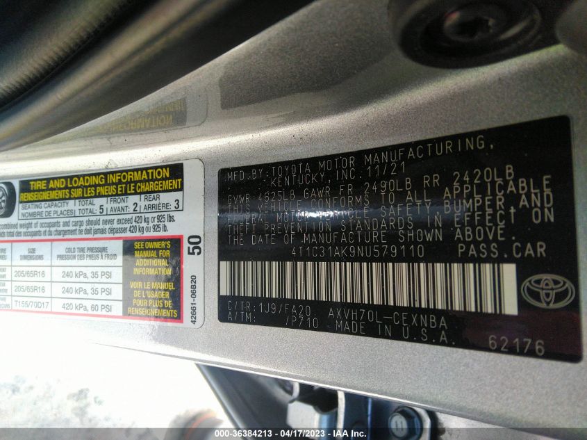 2022 TOYOTA CAMRY HYBRID LE - 4T1C31AK9NU579110