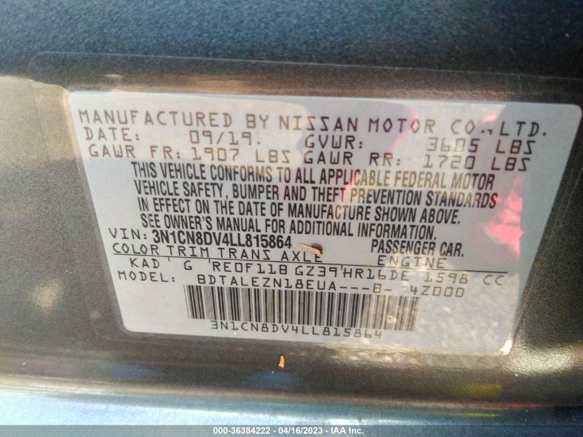 2020 NISSAN VERSA S - 3N1CN8DV4LL815864